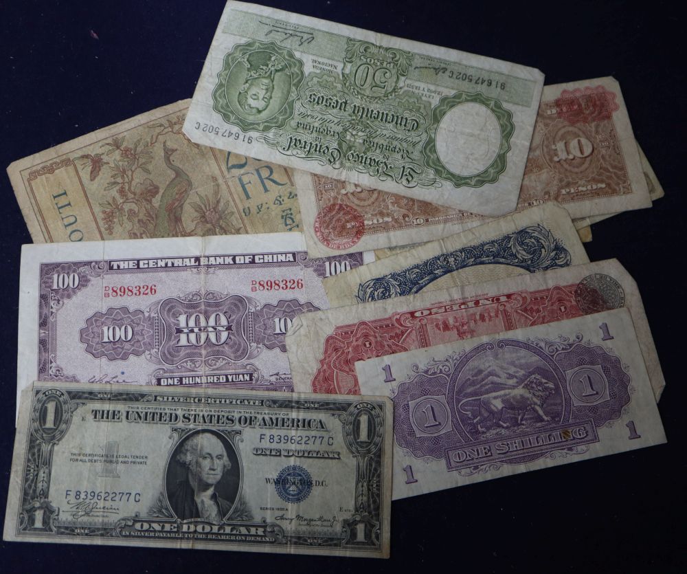 A collection of ninety unused South African 1 Rand notes from early 1960s. Minor other notes from countries